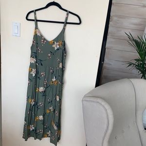 Army green flowered midi dress.